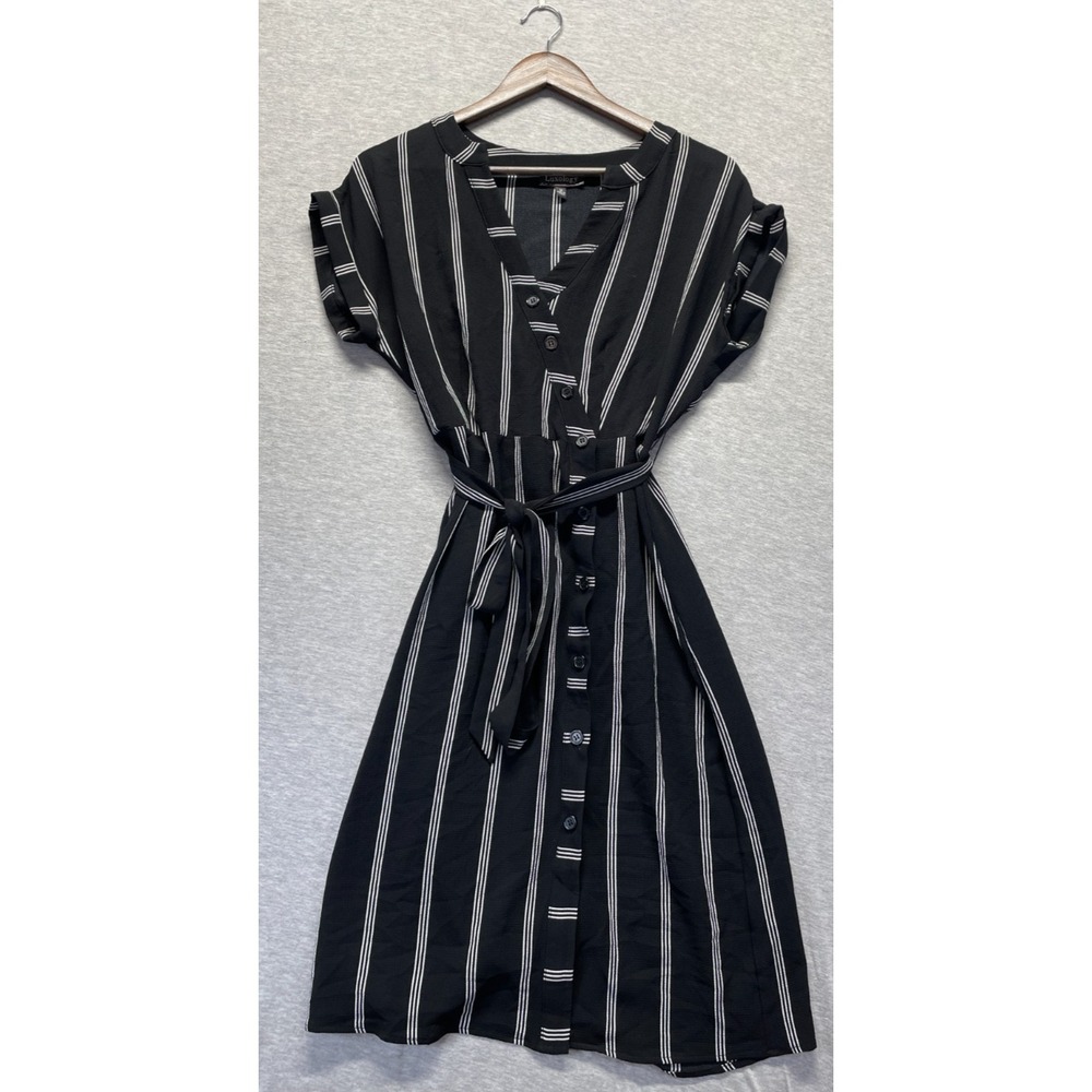 Luxology Shirt Dress Women Medium Black White Striped V Neck Button Front Belted
